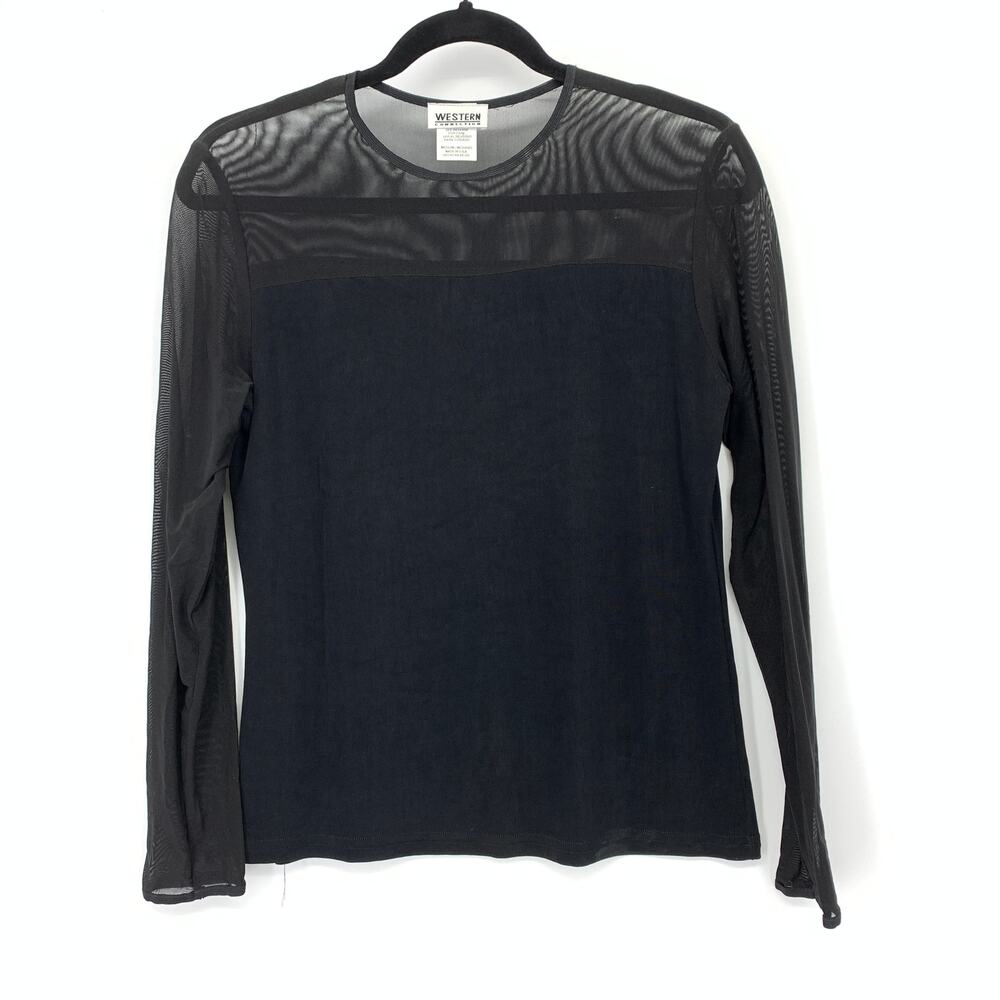 Vintage Western Connection Sheer Mesh Yoke + Long Sleeves Top Womens Sz M Black